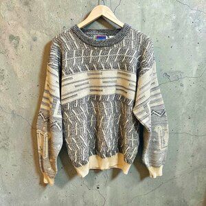 Vintage 80s Sweater Graphix Mens L Cream Black Crew Neck Knit Grandpa Core Retro